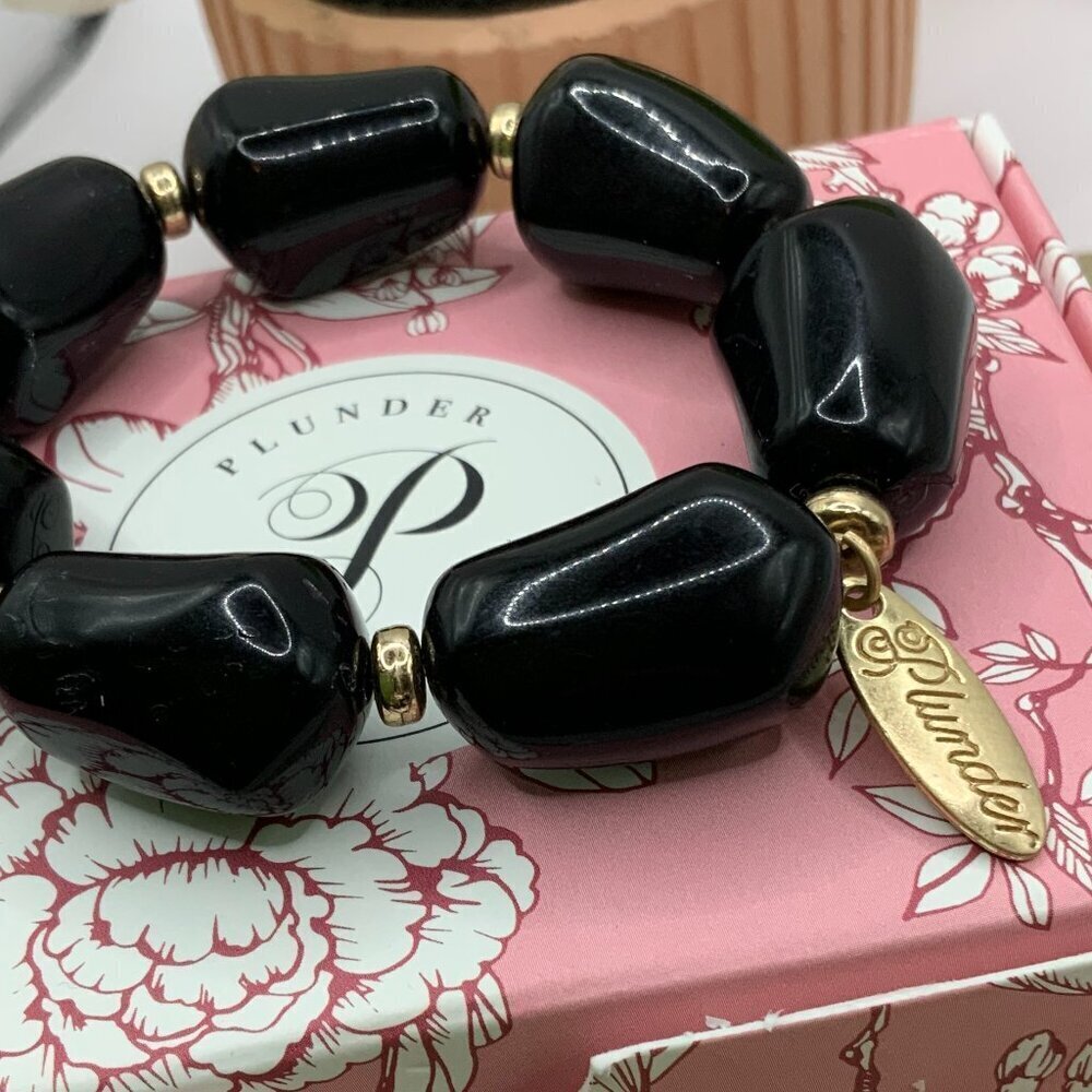 Plunder Design Black Beaded Gold Tone Spacers Stretchy Bracelet